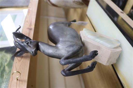 I. Rochard. An Art Deco bronze figure of an antelope, on marble base, signed length 56cm